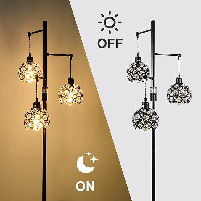 Dimmable Crystal Floor Lamp, Industrial Farmhouse Lamps for Living Room, 3-Light Black Standing Lamp Bedroom, Modern with 3 Lampshades, Rustic Tall Tree 64inch, E26 - LeafyLoom