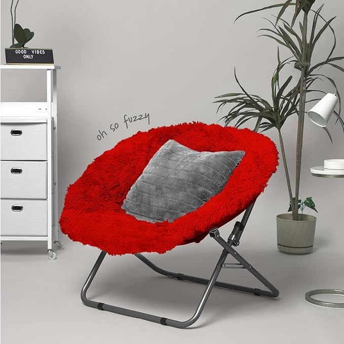 Oversized Mongolian Faux Fur Saucer Chair, Red - LeafyLoom