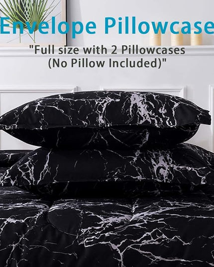 Litanika Black Marble Comforter Full(79X90Inch), 3 Pieces (1 Marble Comforter+2 Pillowcases) Soft Lightweight Microfiber Comforter Bedding Set for Men and Women - LeafyLoom