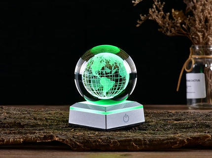 3D Crystal Ball Earth Model, with Led Stand, 3.15'' Globe World Map Planets Glass Ball Decor, Engraved Crystal Sphere with Gift Box, 6 Color Light, Romantic Gifts for Kids Friends - LeafyLoom