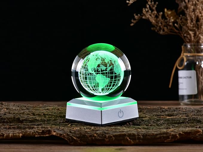 3D Crystal Ball Earth Model, with Led Stand, 3.15'' Globe World Map Planets Glass Ball Decor, Engraved Crystal Sphere with Gift Box, 6 Color Light, Romantic Gifts for Kids Friends - LeafyLoom