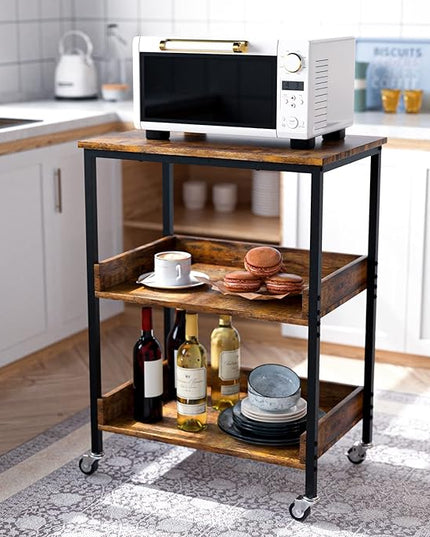 ASTARTH Kitchen Microwave Cart, 3 Tier Rolling Kitchen Utility Cart on Wheels Coffee Cart, Microwave Kitchen Islands Cart with Storage, for Living and Kitchen Room, Coffee Station for Kitchen - LeafyLoom