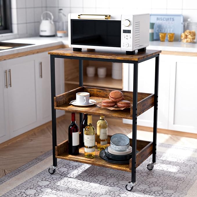 ASTARTH Kitchen Microwave Cart, 3 Tier Rolling Kitchen Utility Cart on Wheels Coffee Cart, Microwave Kitchen Islands Cart with Storage, for Living and Kitchen Room, Coffee Station for Kitchen - LeafyLoom