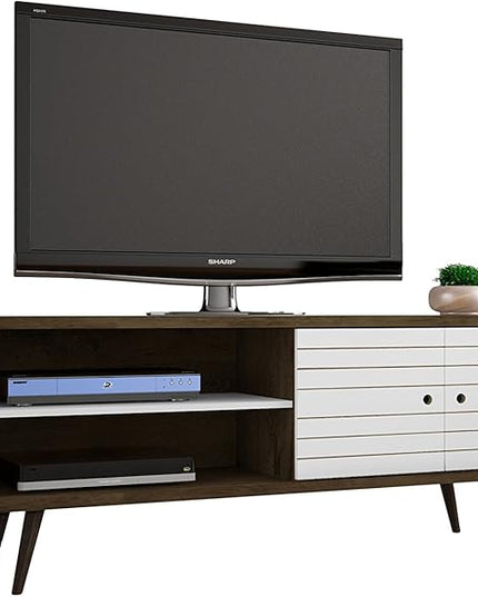 Manhattan Comfort Liberty Mid Century Modern TV Stand for Televisions up to 60 Inches, Bedroom and Living Room Entertainment Center with Storage, Shelves, and Cabinet, 63" Wide, Rustic Brown/White - LeafyLoom
