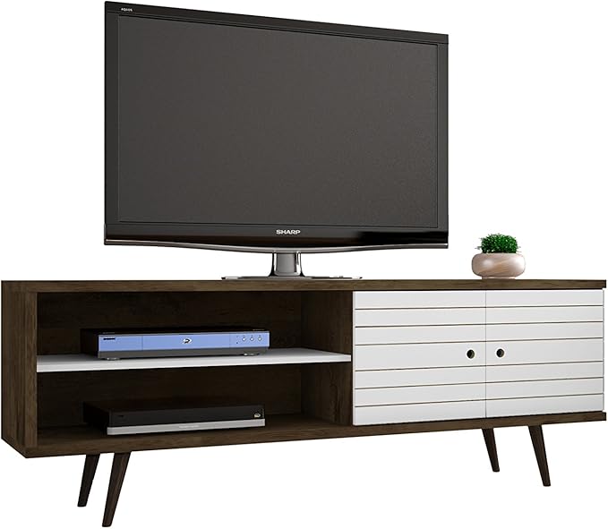 Manhattan Comfort Liberty Mid Century Modern TV Stand for Televisions up to 60 Inches, Bedroom and Living Room Entertainment Center with Storage, Shelves, and Cabinet, 63" Wide, Rustic Brown/White - LeafyLoom