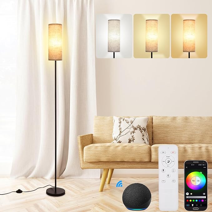 Neoglint Smart RGB Floor Lamp for Living Room Compatible with Alexa & Google Home, 68" Morden Color Changing Corner Standing Lamp, Pole Lamp with Linen Lampshade for Office, Hotel(Bulb Included) - LeafyLoom