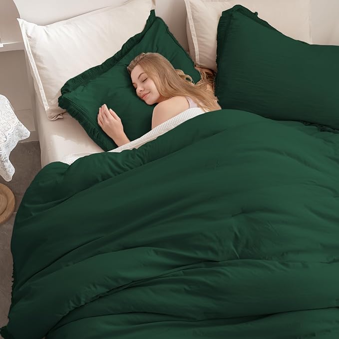 Andency Dark Emerald Green Comforter Set California King, Cal King Boho Lightweight Bedding Comforter Sets, 3 Pieces Oversized All Season Soft Tassel Bed Set (104x96In Comforter & 2 Pillowcases) - LeafyLoom