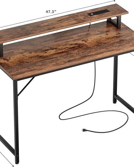 47 inch Computer Desk with Power Outlets, Gaming desk with LED Lights, Home Office Work Desk with Monitor Shelf, Modern Office Desk Study Writing Table for Small Spaces, Rustic Brown - LeafyLoom