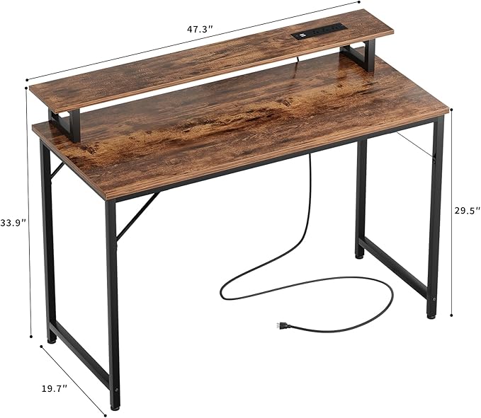 47 inch Computer Desk with Power Outlets, Gaming desk with LED Lights, Home Office Work Desk with Monitor Shelf, Modern Office Desk Study Writing Table for Small Spaces, Rustic Brown - LeafyLoom