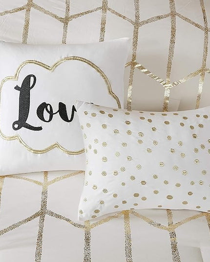 Intelligent Design, Soft Microfiber Comforter Modern Geometric Metallic Bed Set, King/Cal King, Ivory/Gold - LeafyLoom