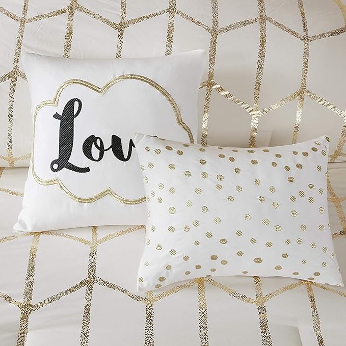 Intelligent Design, Soft Microfiber Comforter Modern Geometric Metallic Bed Set, King/Cal King, Ivory/Gold - LeafyLoom