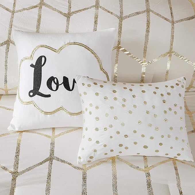Intelligent Design Raina Full / Queen Comforter Set, Soft Microfiber Comforter Set Queen, Modern Geometric Metallic Bed Set, 5 Pieces College Bedding Comforter Set with 2 Shams, 2 Toss Pillows Ivory - LeafyLoom