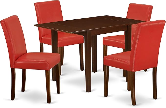 East West Furniture 1NDAB5-MAH-72 5 Piece Dining Set includes a Rectangle Kitchen Table with Dropleaf and 4 Firebrick Red Faux Leather Upholstered Chairs, 30x48 Inch - LeafyLoom