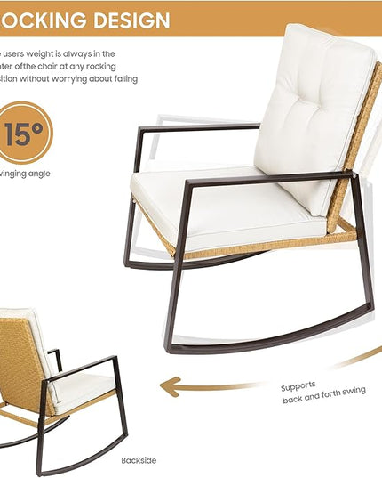 YIYAN 3 Pieces Patio Bistro Set Outdoor Rattan Wicker Rocking Chairs Set,Patio Outdoor Furniture Conversation Sets with Sofa Chairs,Glass Coffee Table and Washable cushion (Light Beige) - LeafyLoom