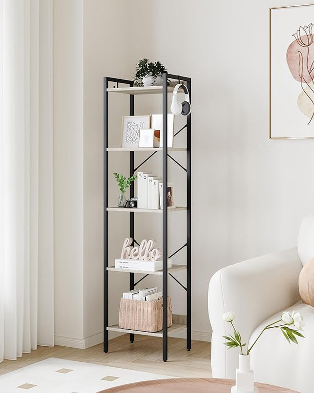 Bookshelf, Book Shelf, Industrial Bookcase with 2 Hooks, Coner Shelf Storage Organizer for Home Office, Living Room, Bedroom, Kitchen, 5-Tier Greige BC10505B - LeafyLoom