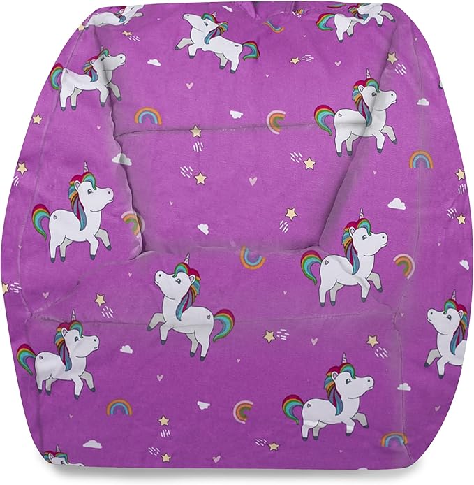 Posh Creations Structured Comfy Bean Bag Chair for Gaming, Reading, and Watching TV, Coronado Chair, Canvas - Unicorn and Rainbows on Purple - LeafyLoom