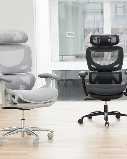 Ergonomic Mesh Office Chair with Footrest, Executive High Back Computer Desk Chair with Wide Headrest and Adjustable 3D Arms, Backrest, Tilt Lock and Lumbar Support-Grey - LeafyLoom
