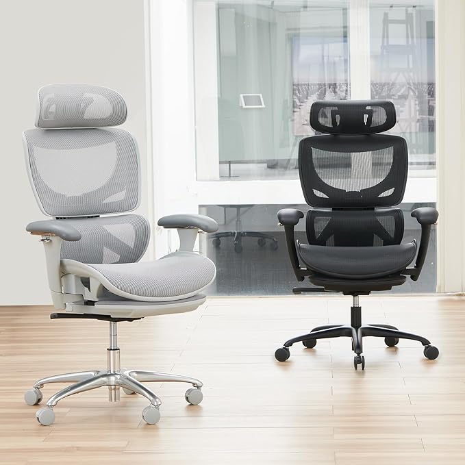 Ergonomic Mesh Office Chair with Footrest, Executive High Back Computer Desk Chair with Wide Headrest and Adjustable 3D Arms, Backrest, Tilt Lock and Lumbar Support-Grey - LeafyLoom