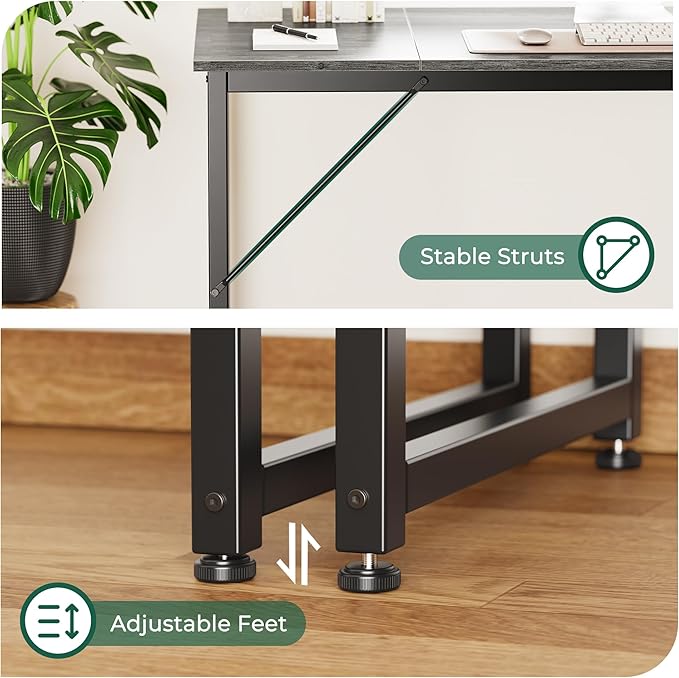 Computer Desk, 70 Inch Office Desk, Gaming Desk with Storage, Writing Desk Work Desk for Home Office, Study, Long Simple Desk, Large Legroom, Metal Frame, Grey - LeafyLoom