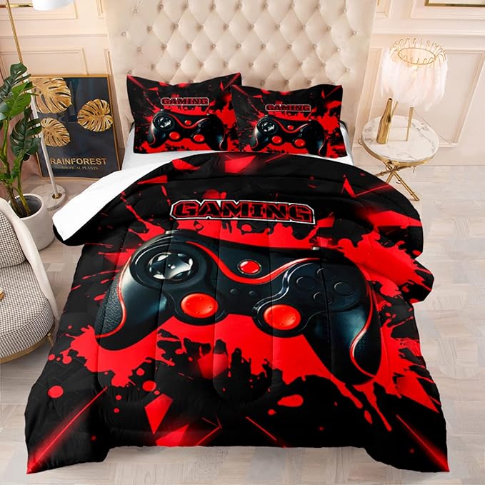 Gamer Comforter Sets for Teen Boys Gaming Bedding Sets Full Set Video Game Bedspread Gamepad Bedding Kids Controller Quilt and Pillowcases - LeafyLoom