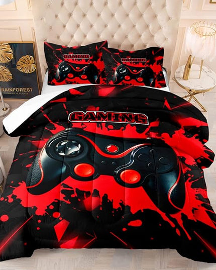 Gamer Comforter Sets for Teen Boys Gaming Bedding Sets Full Set Video Game Bedspread Gamepad Bedding Kids Controller Quilt and Pillowcases - LeafyLoom