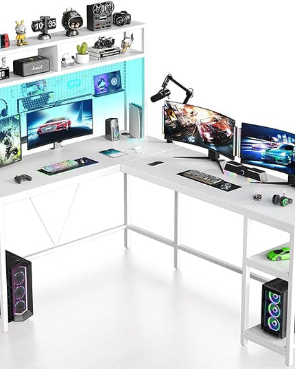 L Shaped Desk with Hutch - 67" L Shaped Gaming Desk with LED Lights, Corner Computer Desk with Storage Shelves, L Shaped Office Desk with Pegboard, White - LeafyLoom