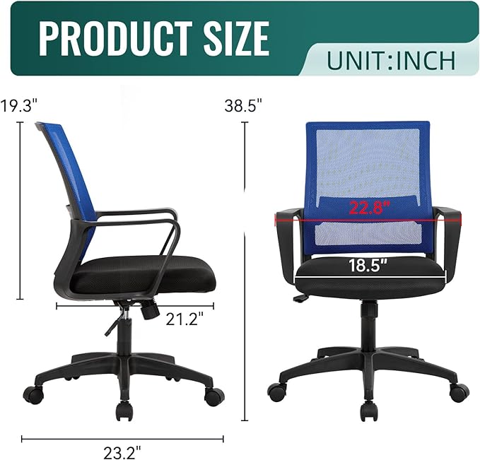 Office Chair Ergonomic Desk Task Chair Mesh Computer Chair Mid-Back Mesh Home Office Swivel Chair Modern Executive Chair with Wheels Armrests Lumbar Support (Blue) - LeafyLoom