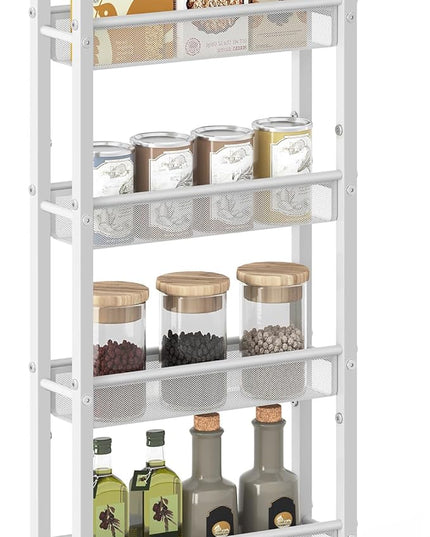 VASAGLE Slim Rolling Cart, 5-Tier Storage Cart, Narrow Cart with Handle, 5.1 Inches Deep, Metal Frame, for Kitchen, Dining Room, Living Room, Home Office, Oak Beige and White ULRC034W09 - LeafyLoom