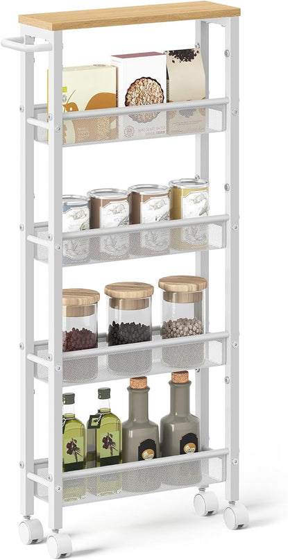 VASAGLE Slim Rolling Cart, 5-Tier Storage Cart, Narrow Cart with Handle, 5.1 Inches Deep, Metal Frame, for Kitchen, Dining Room, Living Room, Home Office, Oak Beige and White ULRC034W09 - LeafyLoom