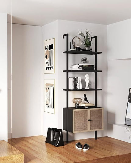 Nathan James Theo Modern Bookcase with Rattan Cabinet in Matte Black and Light Oak Finish with Matte Black Metal Frame for Living Room, Home Office Storage - LeafyLoom