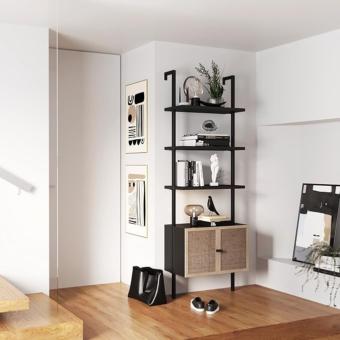 Nathan James Theo Modern Bookcase with Rattan Cabinet in Matte Black and Light Oak Finish with Matte Black Metal Frame for Living Room, Home Office Storage - LeafyLoom