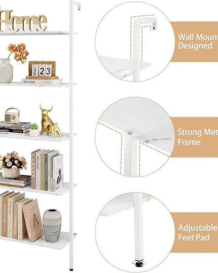Tajsoon 25.2''W Ladder Shelf Bookshelf, 5 Tier Wall Shelf with Metal Frame, Modern Open Wall Mount Bookcases for Home, Office, Balcony, Plant Flower, White - LeafyLoom