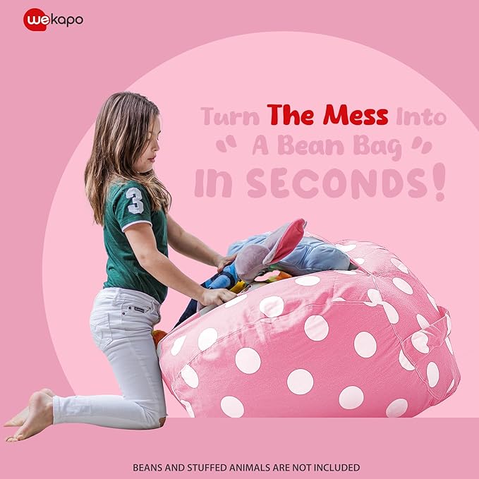 Wekapo Stuffed Animal Storage Bean Bag Chair Cover for Kids | Stuffable Zipper Beanbag for Organizing Children Plush Toys Large Premium Cotton Canvas (Pink Dot, X-Large) - LeafyLoom