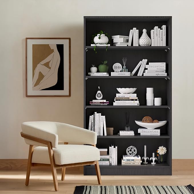 Soohow Grey Bookcase,Bookshelf for Bedroom,60 inches Tall Wood Book case Book Shelves,5 Shelf Book Shelves for Living Room Office - LeafyLoom