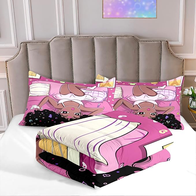 Black Girl Comforter Set African American Girls Full Comforter Set, Black Girl Full Size Girls Bedding Set, Black Girl Full Size Comforter Sets for Teen Adults, Pink, 1 Comforter+2 Pillowcases - LeafyLoom