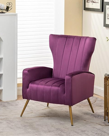 Armchair Modern Velvet Accent Chair, Channel Tufted Bedroom, Office or Living Room Furniture with Elegant Metal Legs, Purple - LeafyLoom