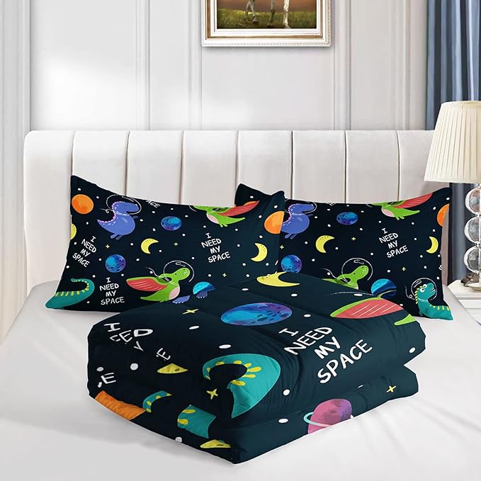 Datura home Dinosaur Space Dinos Comforter Bedding Set for Boys Kids Children,Celestial Bodies Colorful Dinosaur Print Bedding Set with 1 Comforter and 2 Pillowcases(Dinosaur Queen) - LeafyLoom