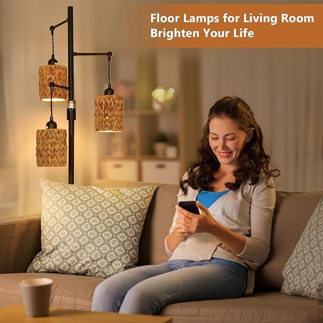 Rattan Floor Lamp, 3-Lights Boho Floor Lamp with Stepless Dimmer, Farmhouse Rustic Floor Lamps for Living Room, Tall Floor Lamp with Rattan Shades, Dimmable Standing Lamp for Bedroom - LeafyLoom