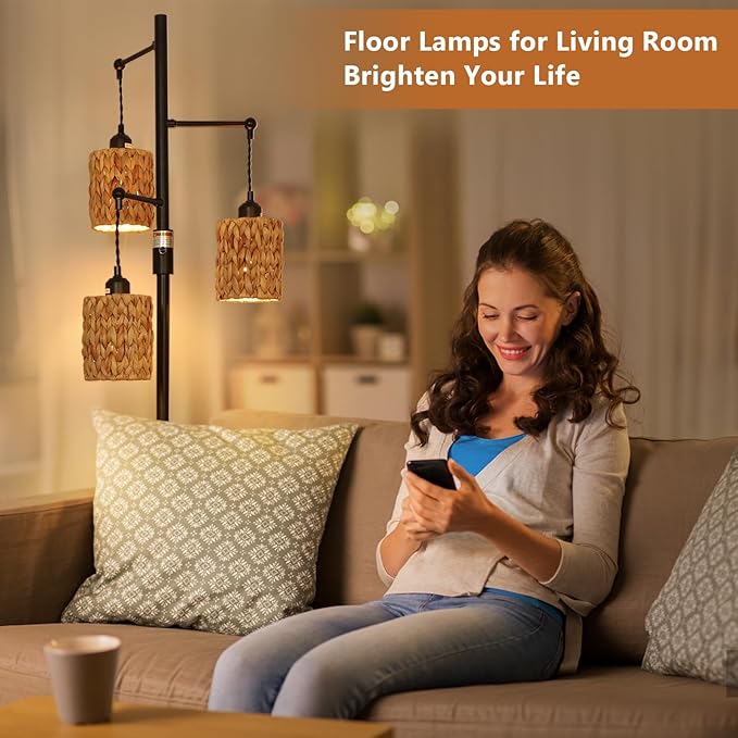Rattan Floor Lamp, 3-Lights Boho Floor Lamp with Stepless Dimmer, Farmhouse Rustic Floor Lamps for Living Room, Tall Floor Lamp with Rattan Shades, Dimmable Standing Lamp for Bedroom - LeafyLoom
