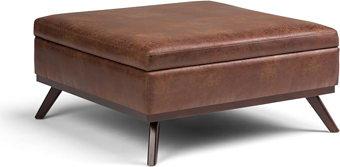 SIMPLIHOME Owen 36 Inch Wide Mid Century Modern Square Coffee Table Lift Top Storage Ottoman in Upholstered Distressed Saddle Brown Faux Leather, For the Living Room - LeafyLoom