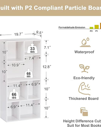 VECELO 42 Inch High Bookcase, 4-Tier Modern Storage Cabinet with Height Difference Shelves for Standard Textbooks, Floor Standing, 7 Cubes, Horizontal Available, Easy Assembly, Pearl White - LeafyLoom