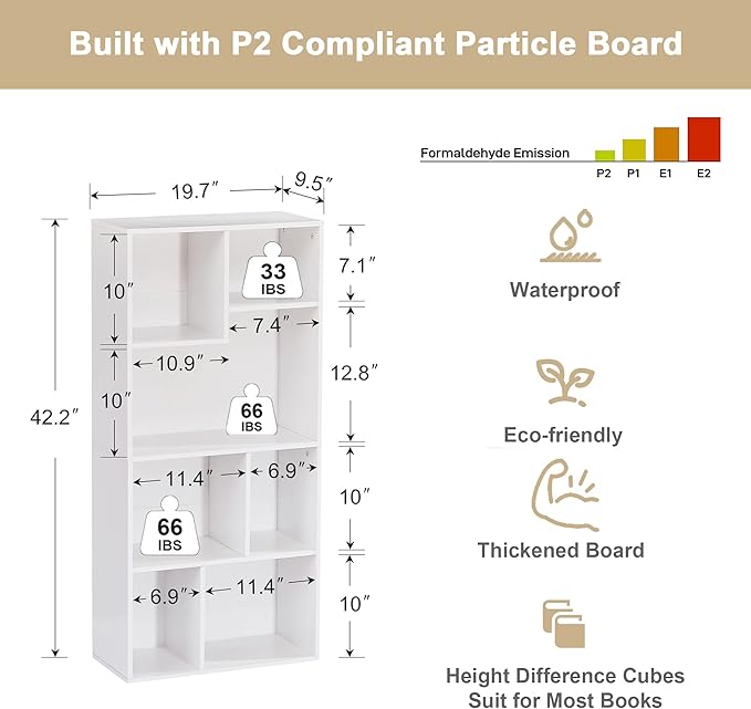 VECELO 42 Inch High Bookcase, 4-Tier Modern Storage Cabinet with Height Difference Shelves for Standard Textbooks, Floor Standing, 7 Cubes, Horizontal Available, Easy Assembly, Pearl White - LeafyLoom
