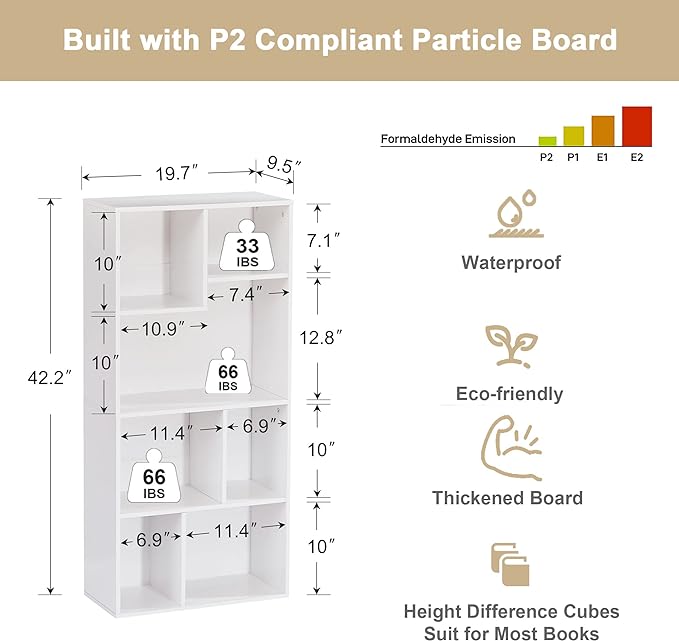VECELO 42" Modern White Bookshelf, 7 Cube Organizer Bookcase,Fits Tallest Hardcovers, Horizontal Available,Floor Standing Display,Easy Assembly, Pearl White - LeafyLoom