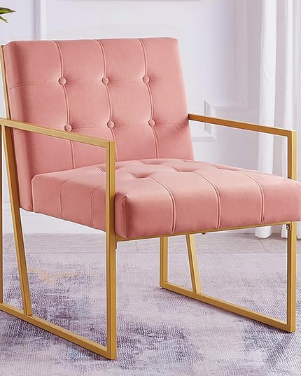 24KF Modern Blush Velvet Button Tufted Accent Chair with Golden Metal Stand, Decorative Furniture Chairs for Living Room Bedroom - Blush - LeafyLoom