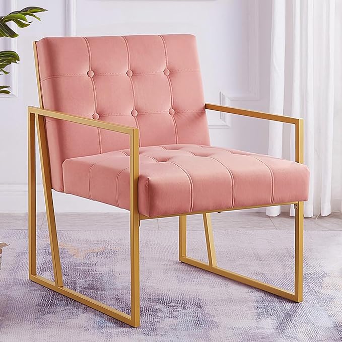 24KF Modern Blush Velvet Button Tufted Accent Chair with Golden Metal Stand, Decorative Furniture Chairs for Living Room Bedroom - Blush - LeafyLoom