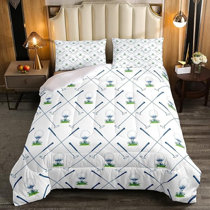 Erosebridal Golf Comforter Set King Size Golf Club Bedding Set Sport Game Athlete Grass Leaf Branches Down Comforter for Men, Room Decorative 3 Pieces Comforter with 2 Pillowcases, White - LeafyLoom
