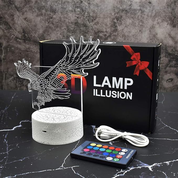 LETOUR Night Light for Kids Eagle 3D Night Light Porpoise Illusion Lamp with Remote Control 16 Color Changing Xmas Halloween Birthday Gift for Child Baby Boy (Remote - Ice Crack Base) - LeafyLoom