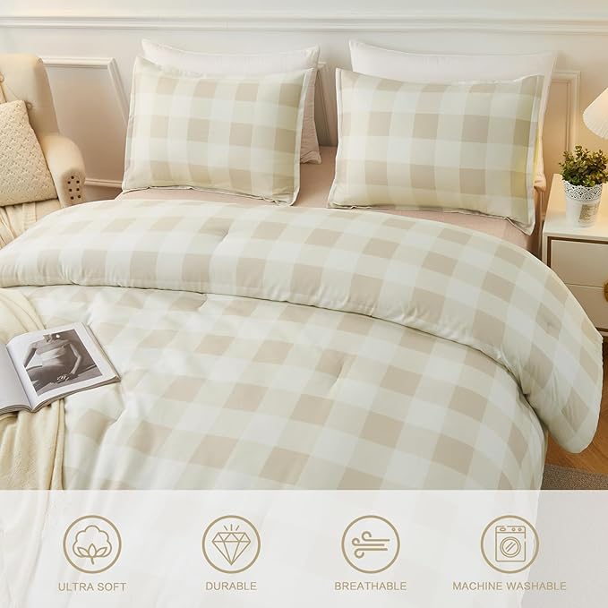 Andency Beige Grid Comforter Set Queen Size (90x90 Inch), 3 Pieces(1 Grid Comforter and 2 Pillowcases), Summer Lightweight Microfiber Down Alternative Beige Comforter - LeafyLoom