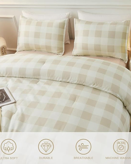 Andency Beige Grid Comforter Set Full Size (79x90 Inch), 3 Pieces(1 Grid Comforter and 2 Pillowcases), Summer Lightweight Microfiber Down Alternative Beige Comforter - LeafyLoom