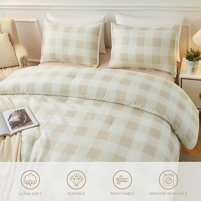 Andency Beige Grid Comforter Set Full Size (79x90 Inch), 3 Pieces(1 Grid Comforter and 2 Pillowcases), Summer Lightweight Microfiber Down Alternative Beige Comforter - LeafyLoom